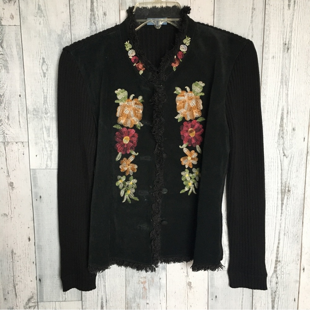 Vintage - Perfectly Imperfect Black Floral Embroidered Cardigan Leather Jacket